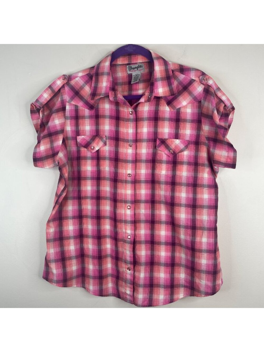 Wrangler Pearl Snap Top Womens XLarge Plaid Pink Rodeo Cowgirl Epaulette Western